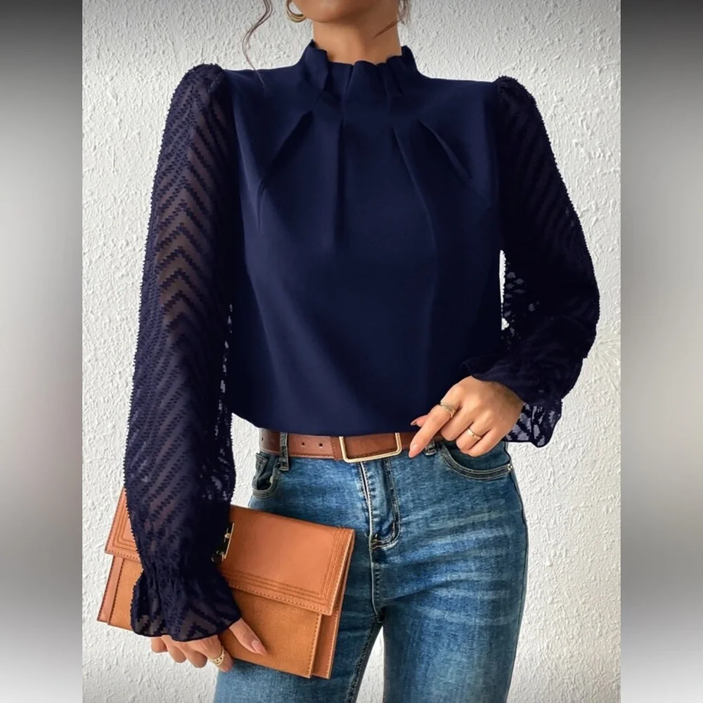 SHEIN Navy Blouse with Sheer Sleeves - Picture 6 of 9